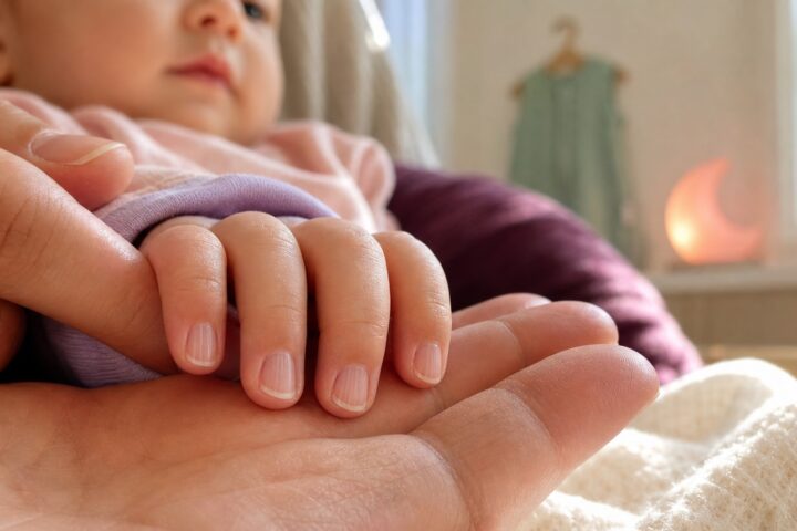 Close-up of a baby's clean fingernails with fine vertical ridges resting in a caregiver's palm