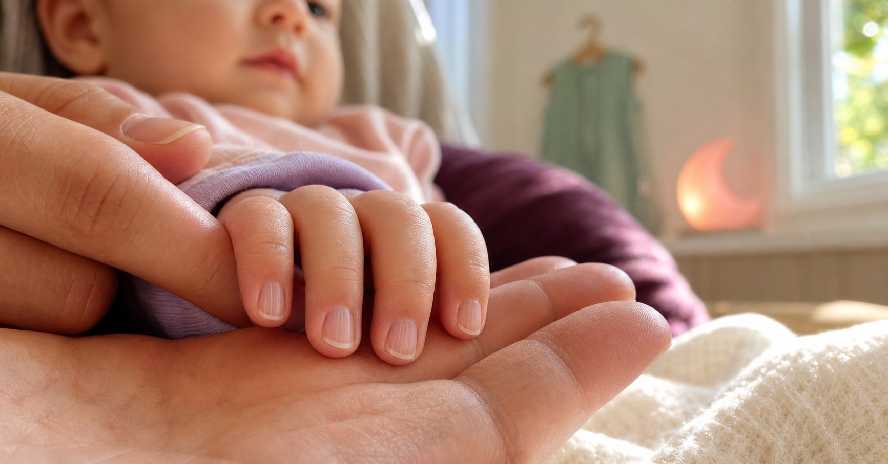 Close-up of a baby's clean fingernails with fine vertical ridges resting in a caregiver's palm