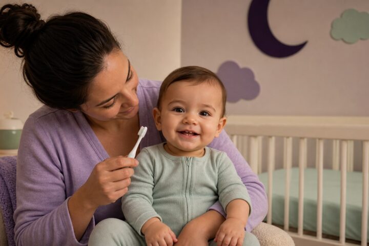 A smiling baby shows two front teeth while a parent holds a small toothbrush during a calm bedtime routine.