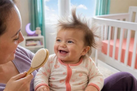 A laughing baby with fine hair sticking straight up sits on a parent's lap beside a soft baby brush.