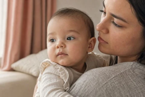 Mother cradling an alert baby and looking closely at the baby's face beside a softly lit window.