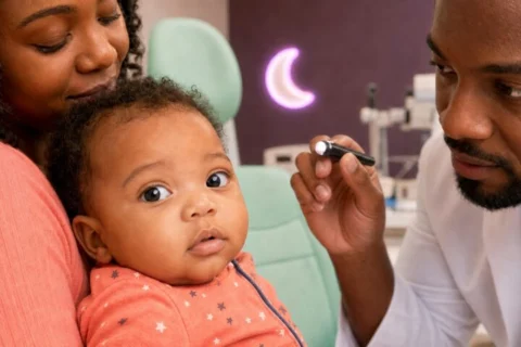 Pediatric eye doctor examines an awake baby's subtly irregular pupil while the mother holds the baby upright.