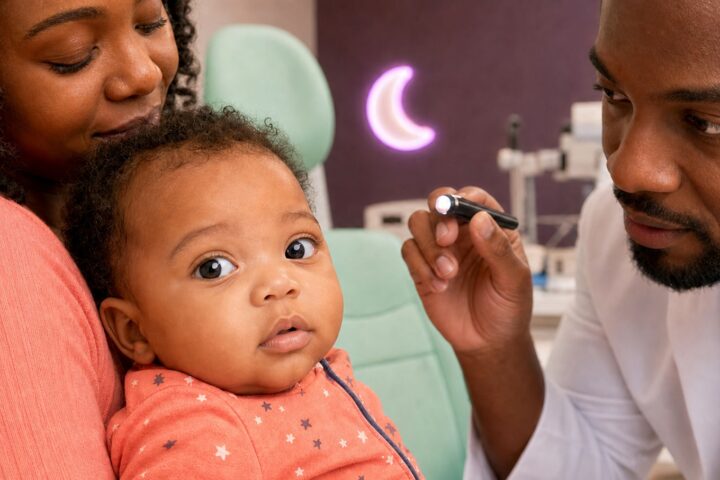 Pediatric eye doctor examines an awake baby's subtly irregular pupil while the mother holds the baby upright.