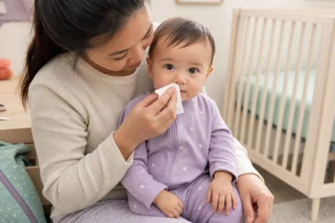 Caregiver gently wiping an awake baby's mildly runny nose beside a bare mint-sheeted crib