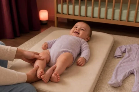 Caregiver gently holding an awake baby's two bare feet during a calm bedtime routine