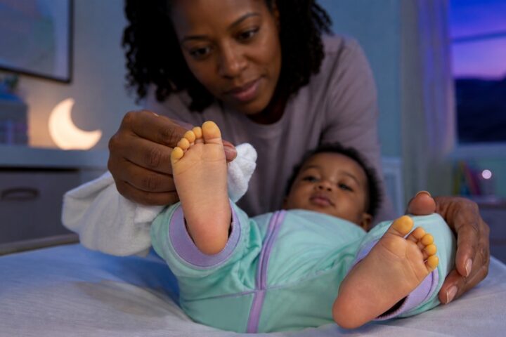 Mother examines her awake baby's yellow-tinted toes on a nursery changing mat.