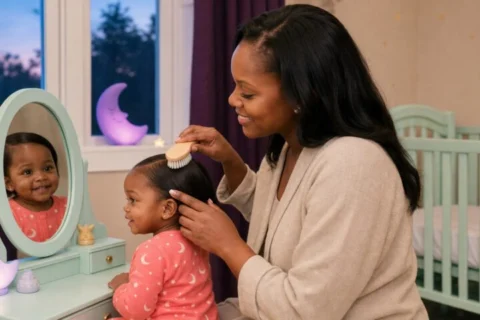 Black parent gently brushing the fine straight hair of a smiling Black baby at a mint vanity beside a bare crib