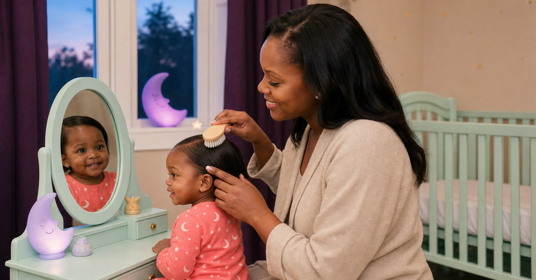 Black parent gently brushing the fine straight hair of a smiling Black baby at a mint vanity beside a bare crib