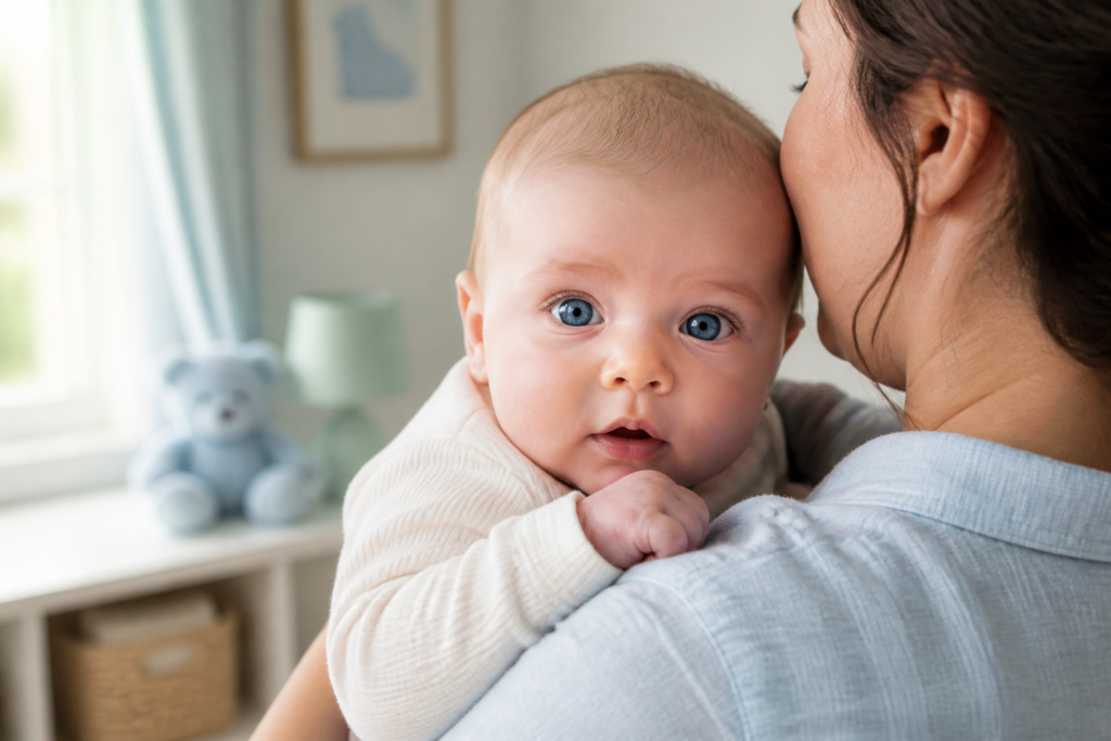 Blue-eyed baby held against a caregiver's shoulder in soft window light