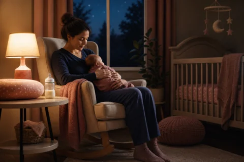 Parent holding a baby in a rocking chair beside a lamp and a bottle on the table.