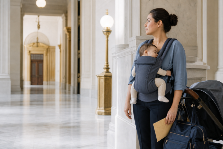 Parent holding a baby in a carrier beside a diaper bag in a courthouse hallway