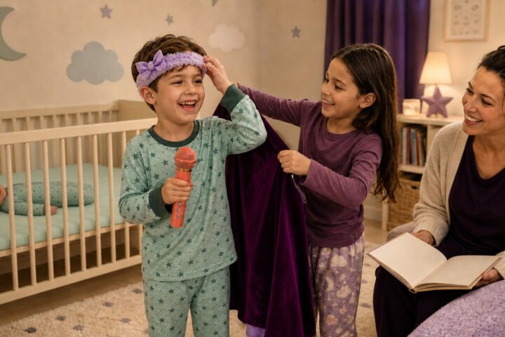 Two siblings enjoy a lavender headband, toy microphone, and plum cape while a parent smiles beside a safely sleeping baby.