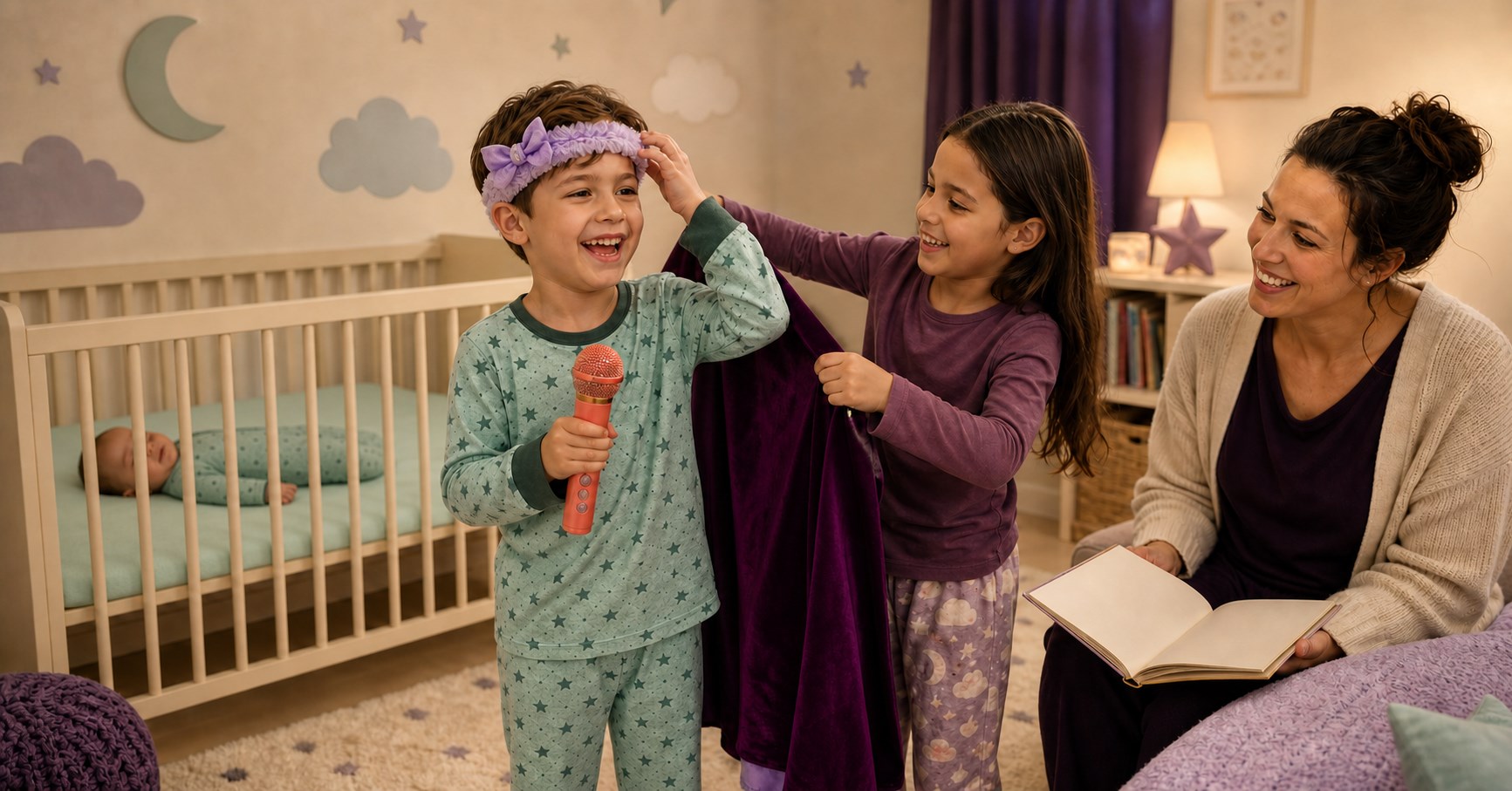 Two siblings enjoy a lavender headband, toy microphone, and plum cape while a parent smiles beside a safely sleeping baby.