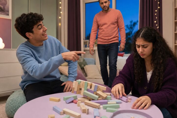 Teen boy laughs and points at his upset sister after her pastel block tower falls as their father approaches.