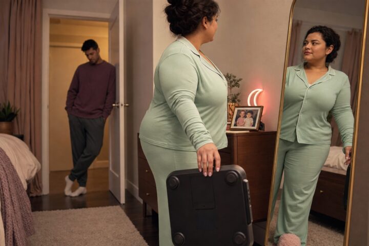 Plus-size woman in mint pajamas holds a bathroom scale bottom-up while her brother looks down from the doorway.