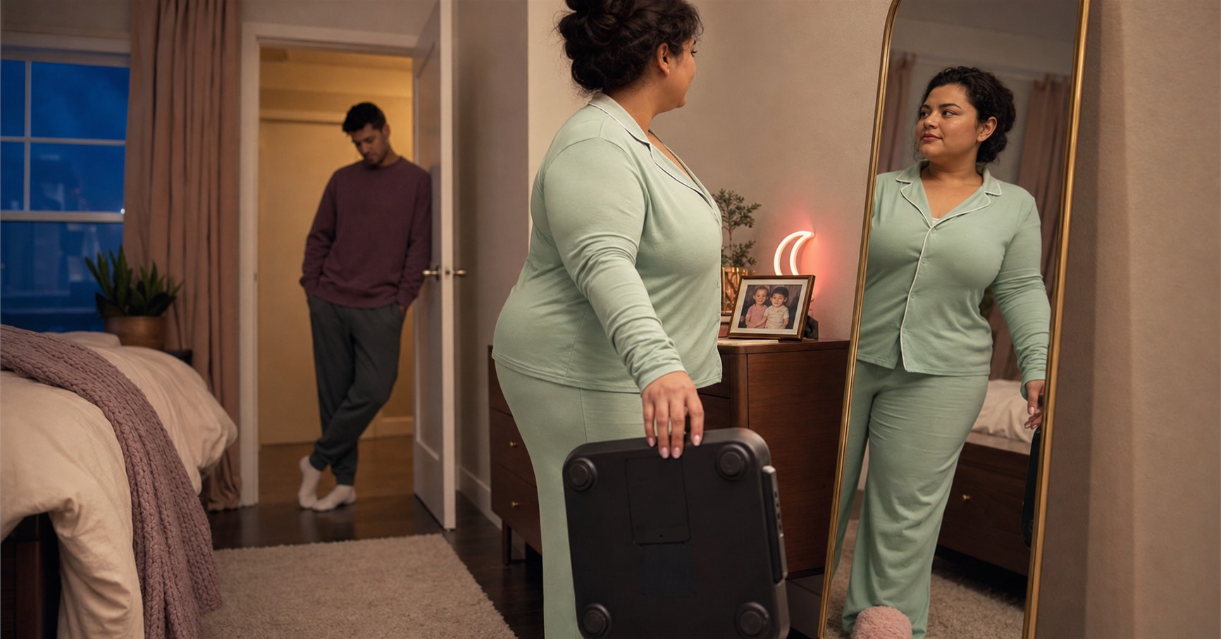 Plus-size woman in mint pajamas holds a bathroom scale bottom-up while her brother looks down from the doorway.