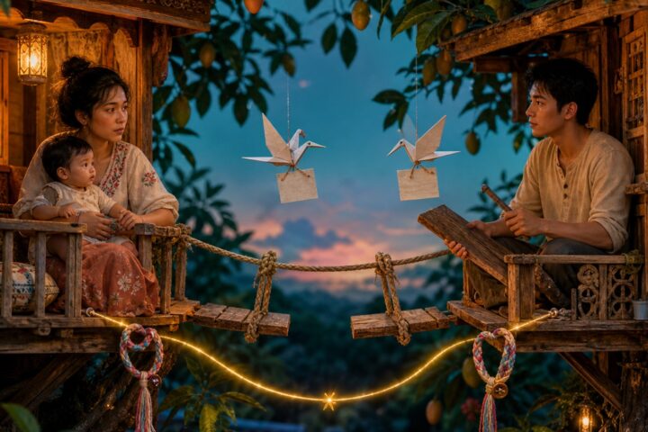 A sister holding her baby looks across a broken treehouse bridge at her brother, who holds the missing plank and a tool.