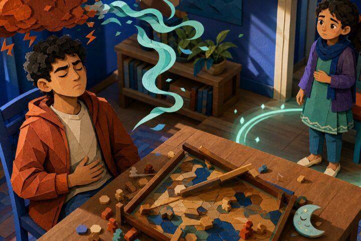 A teenage brother breathes beside a toppled board game as an orange paper storm turns into aqua ribbons and his sister stands back in a glowing circle.