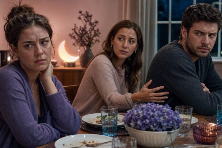Hurt woman sits apart as her concerned sister holds a husband who turns away during an evening family dinner.
