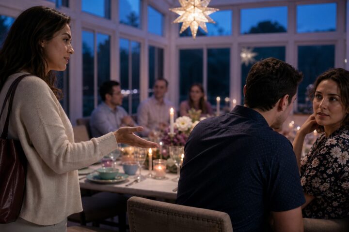 A woman offers a greeting while her brother-in-law turns toward his wife and ignores her at a family dinner.