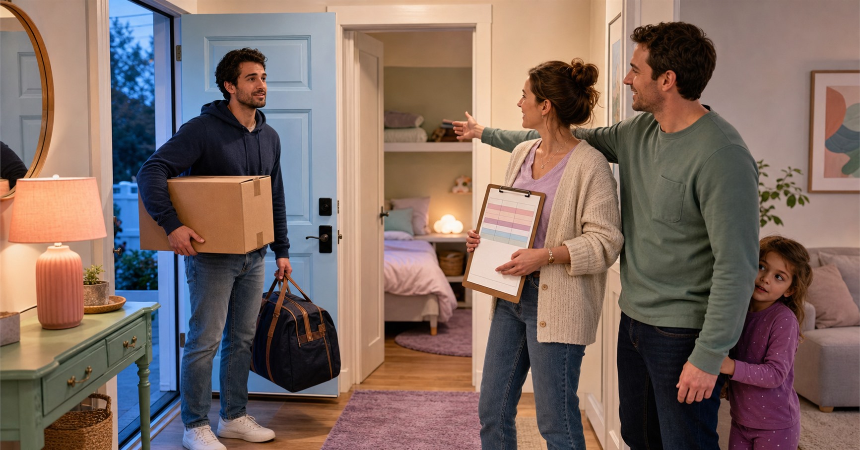 A man carrying a moving box and duffel bag enters a family home as a couple and pajama-clad child welcome him.