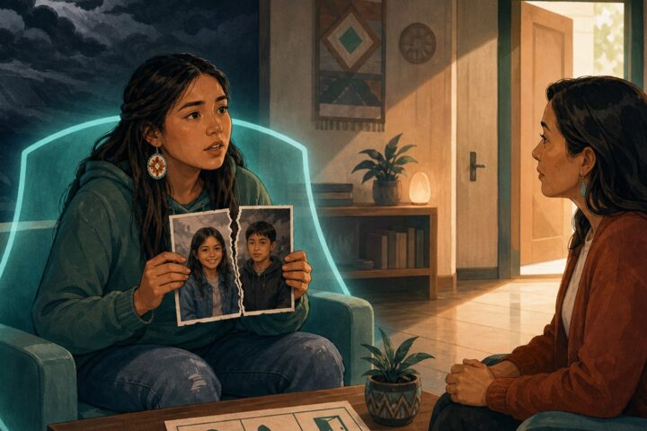 A young Indigenous woman holds a torn photo of herself and her brother while talking with a counselor in a room with an open door.