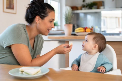 Caregiver offering a small soft sandwich bite to a curious baby at a bright kitchen table.