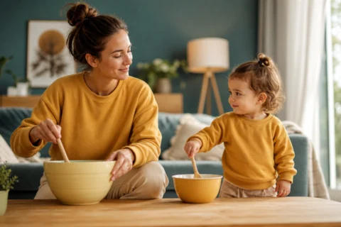 Parent and toddler stir mixing bowls together in a warm living room, with the child copying the adult's motion.