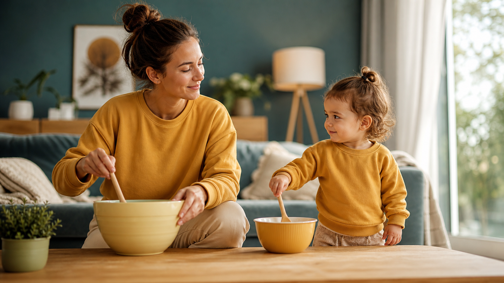 Parent and toddler stir mixing bowls together in a warm living room, with the child copying the adult's motion.