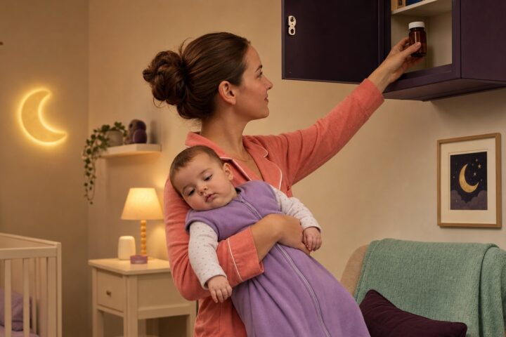 Caregiver holding a drowsy baby in a lavender sleep sack while securing a closed amber medicine bottle high away