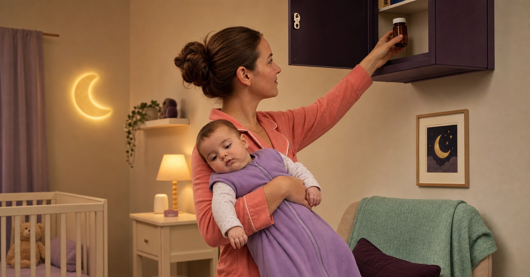 Caregiver holding a drowsy baby in a lavender sleep sack while securing a closed amber medicine bottle high away