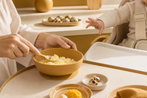 Caregiver mashes cooked quail egg beside a securely seated baby.