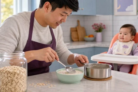 A father presses plain cooked oatmeal smooth in a mint bowl while a harnessed baby waits safely nearby.