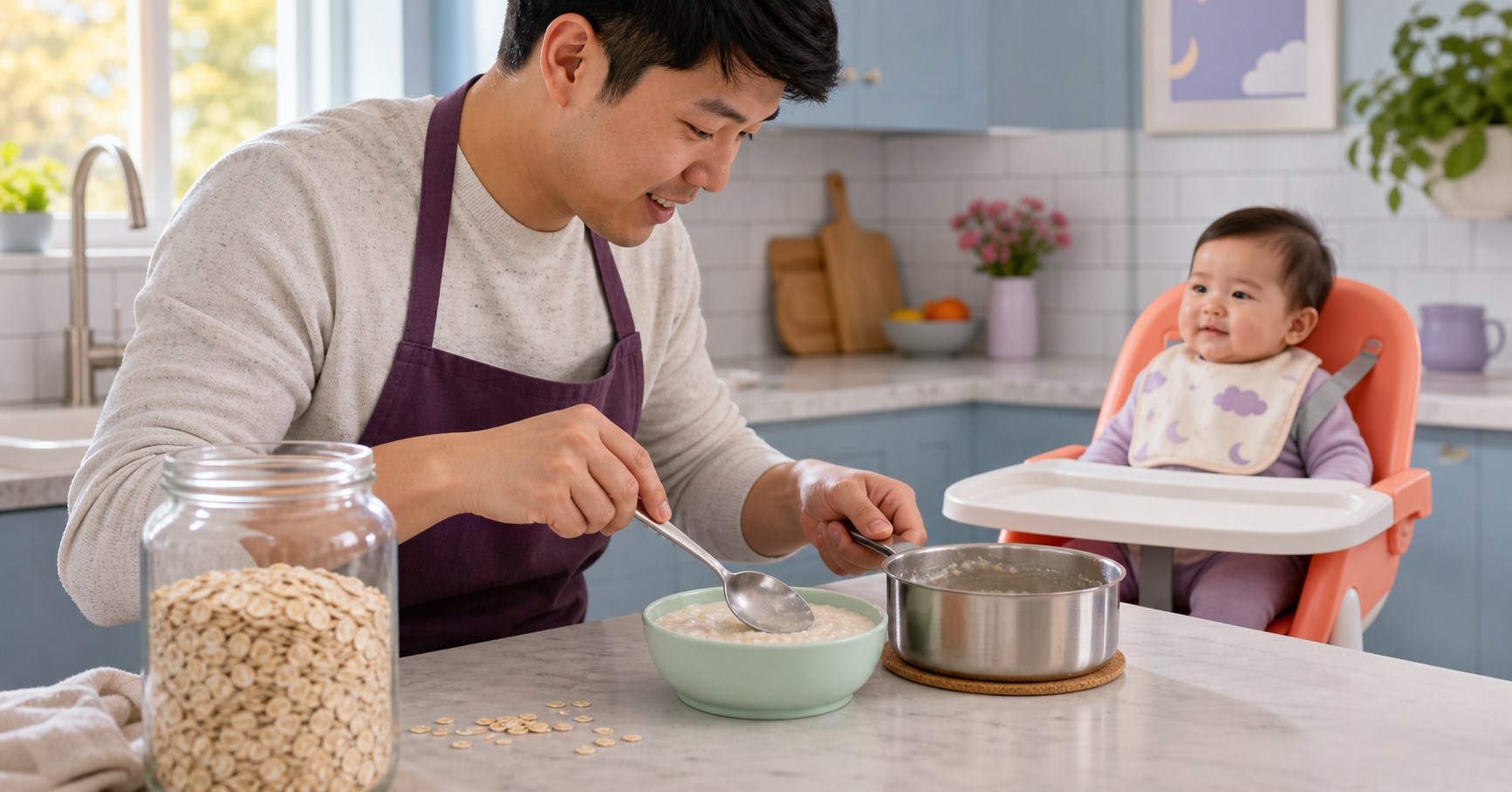 A father presses plain cooked oatmeal smooth in a mint bowl while a harnessed baby waits safely nearby.