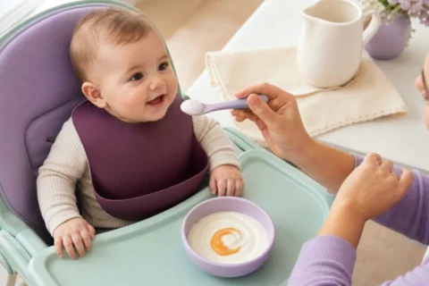 A caregiver offers a small spoonful of smooth white quark to a smiling baby wearing a plum bib in a mint high chair.