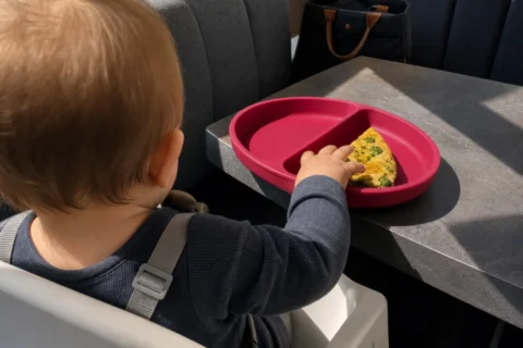 Baby in a high chair reaches for broccoli quiche on a raspberry plate.