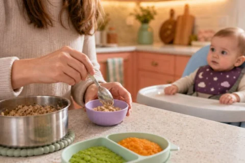 A mother presses finely cooked plant-protein crumbles into a small lavender bowl while a harnessed baby watches safely.
