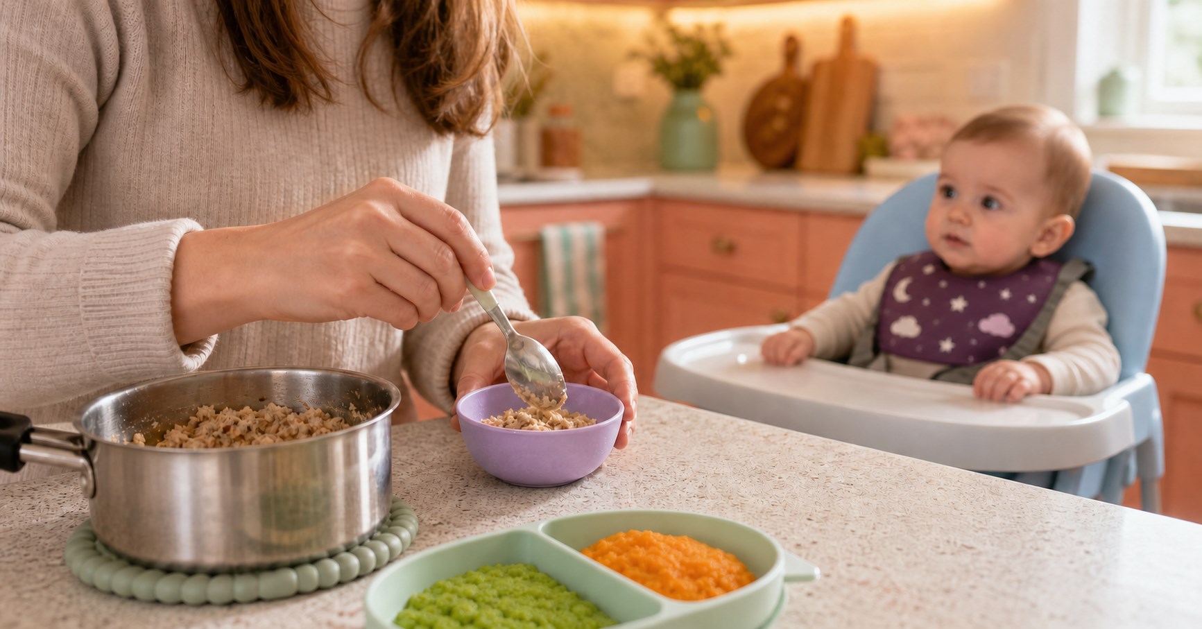 A mother presses finely cooked plant-protein crumbles into a small lavender bowl while a harnessed baby watches safely.