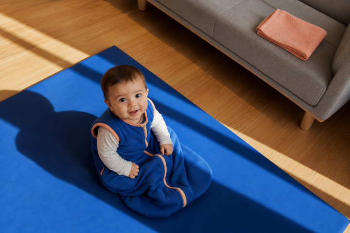 Awake baby in a cobalt wearable sleep sack sits on a blue mat beside a sofa holding a folded peach blanket.