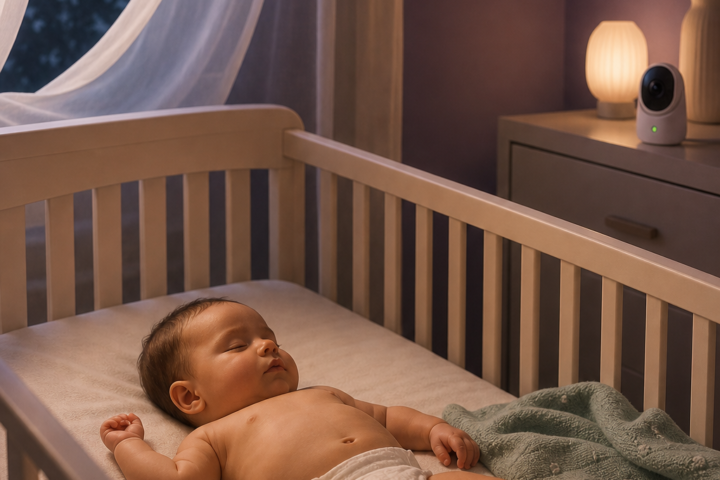 Baby sleeping in a crib wearing only a diaper beside a softly lit nursery window and a baby monitor.