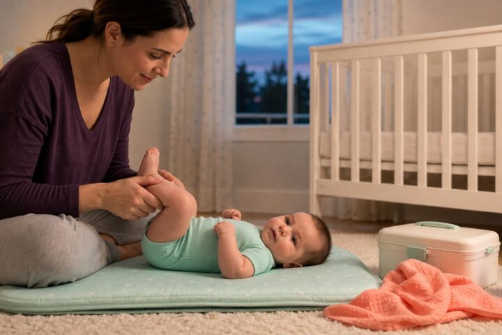 Parent gently bicycling an awake baby's legs on a floor mat beside a bare crib at dusk