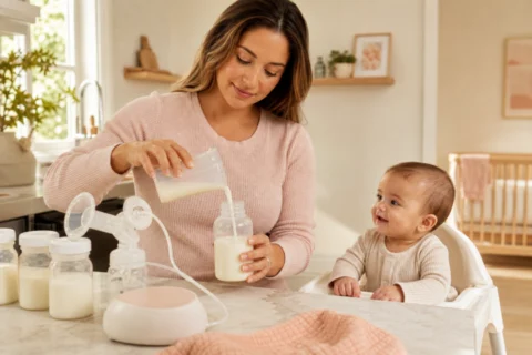 A caregiver sitting beside a bottle and pump setup while a baby smiles from a high chair.