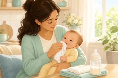 Caregiver holding a baby while wiping their mouth with a burp cloth in a sunny living room.