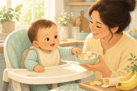 A baby in a high chair reaches toward a bowl of banana slices held by a smiling caregiver.
