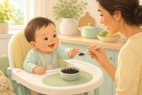 A baby in a high chair reaches toward a spoonful of black beans held by a caregiver.