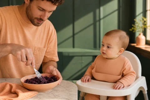 Editorial scene illustrating introducing blueberries into your baby's diet in a bright home setting.