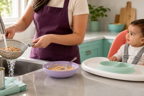 Caregiver rinsing canned beans and preparing a mashed portion while baby waits harnessed nearby