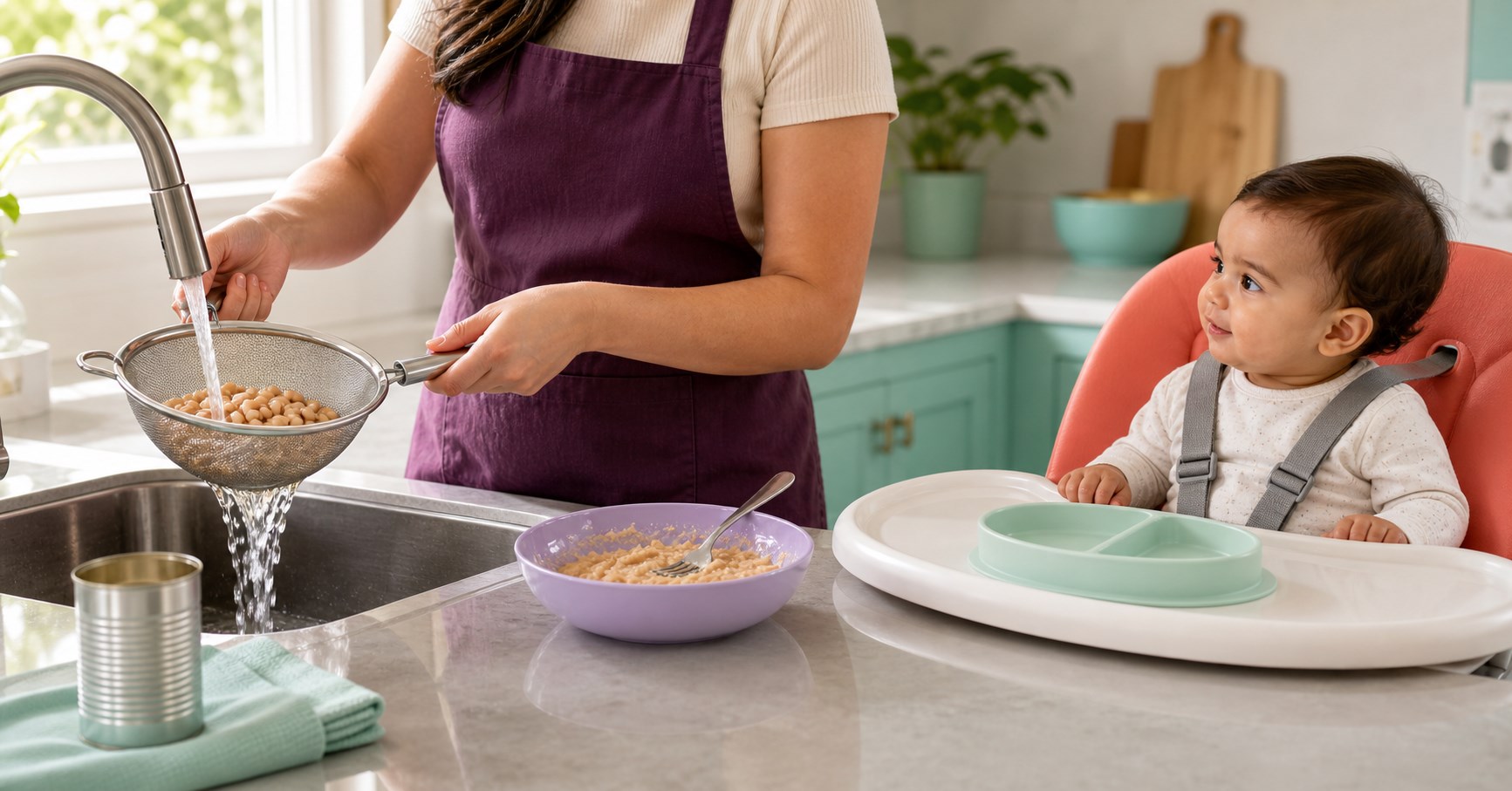Caregiver rinsing canned beans and preparing a mashed portion while baby waits harnessed nearby