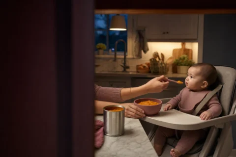 Editorial scene illustrating can i feed my baby canned pumpkin? a comprehensive guide in a bright home setting.
