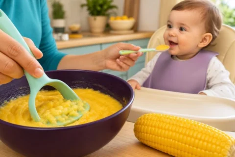 A caregiver mashes cooked corn into smooth yellow purée in a plum bowl while offering a small spoonful to a baby in a high chair.